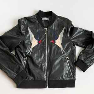 Bagatelle Collection Faux Leather Bomber Jacket - Hummingbirds - Women Size M